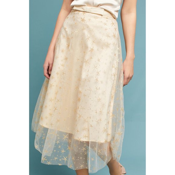 31. Anthropologie Eva Franco Metallic Star Golden Glitter Tulle Skirt - Picture 2 of 4